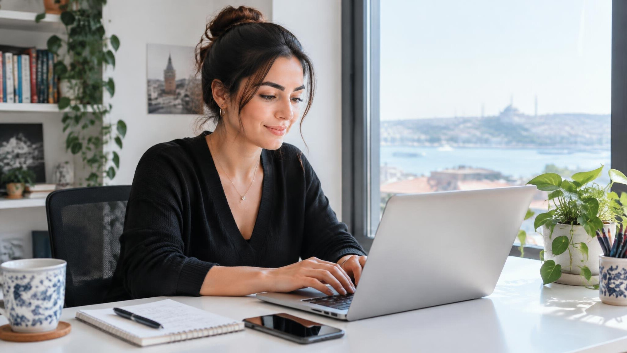 Writer drafting a sponsored article on a laptop at a desk
