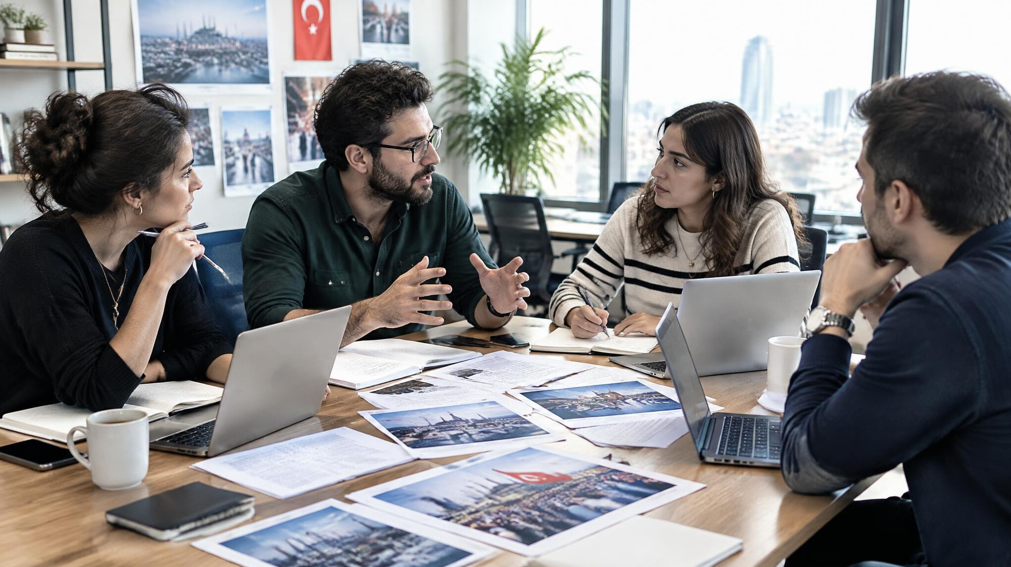 Editorial team meeting around a table with documents and laptops