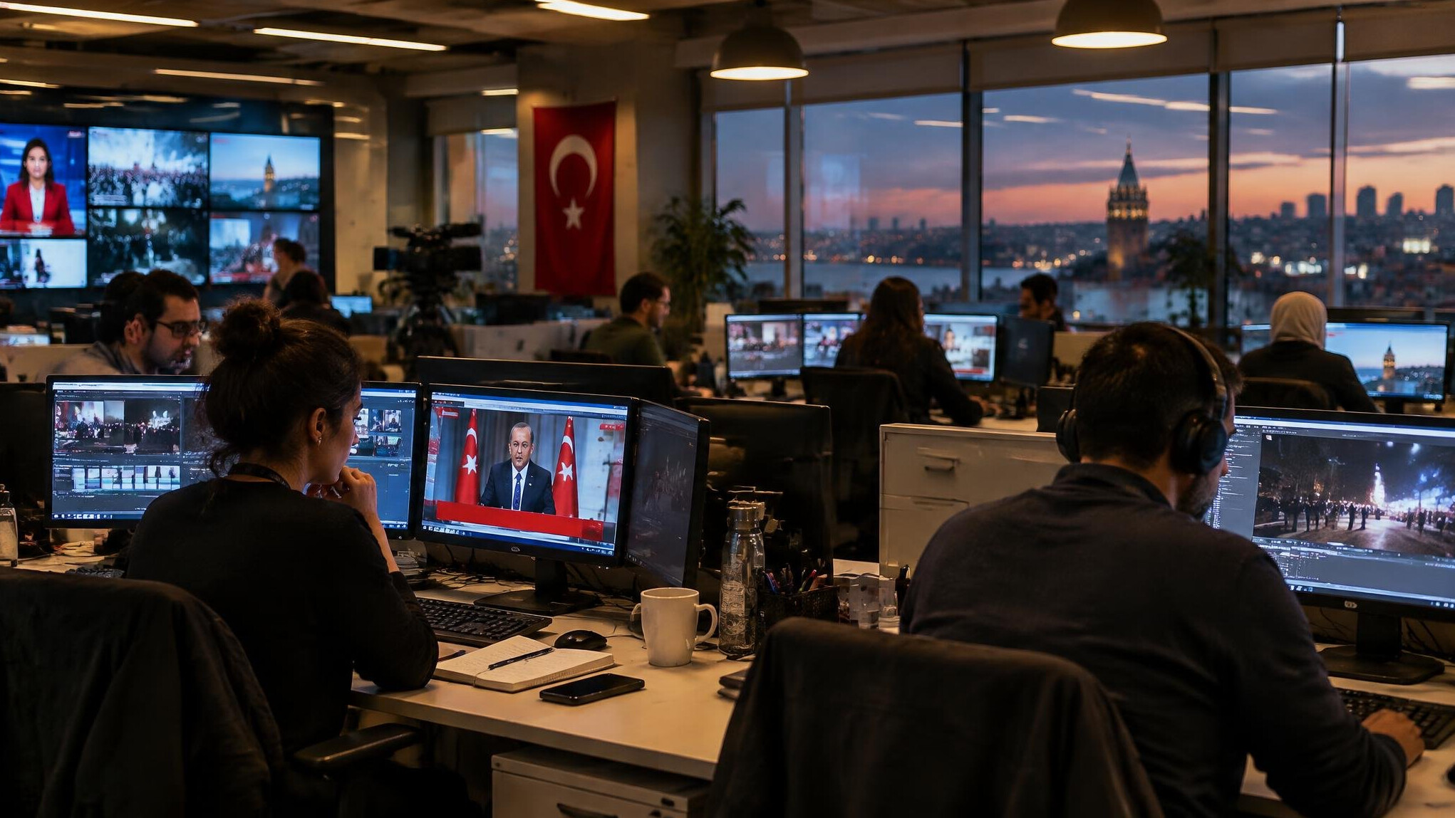 Journalist typing at a desk in a busy newsroom