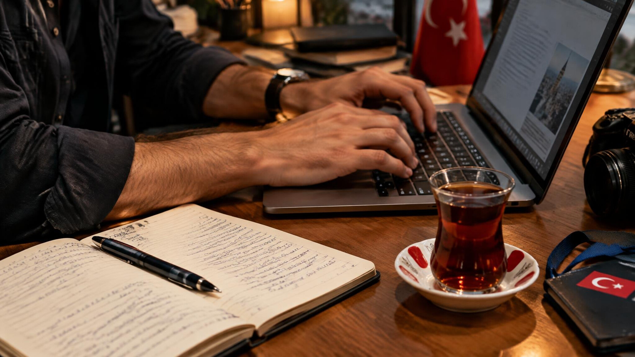 Reporter's hands typing on a laptop keyboard with notebook beside it