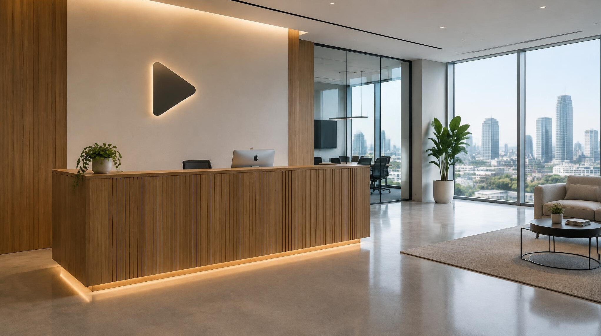 Reception desk in a modern media office building